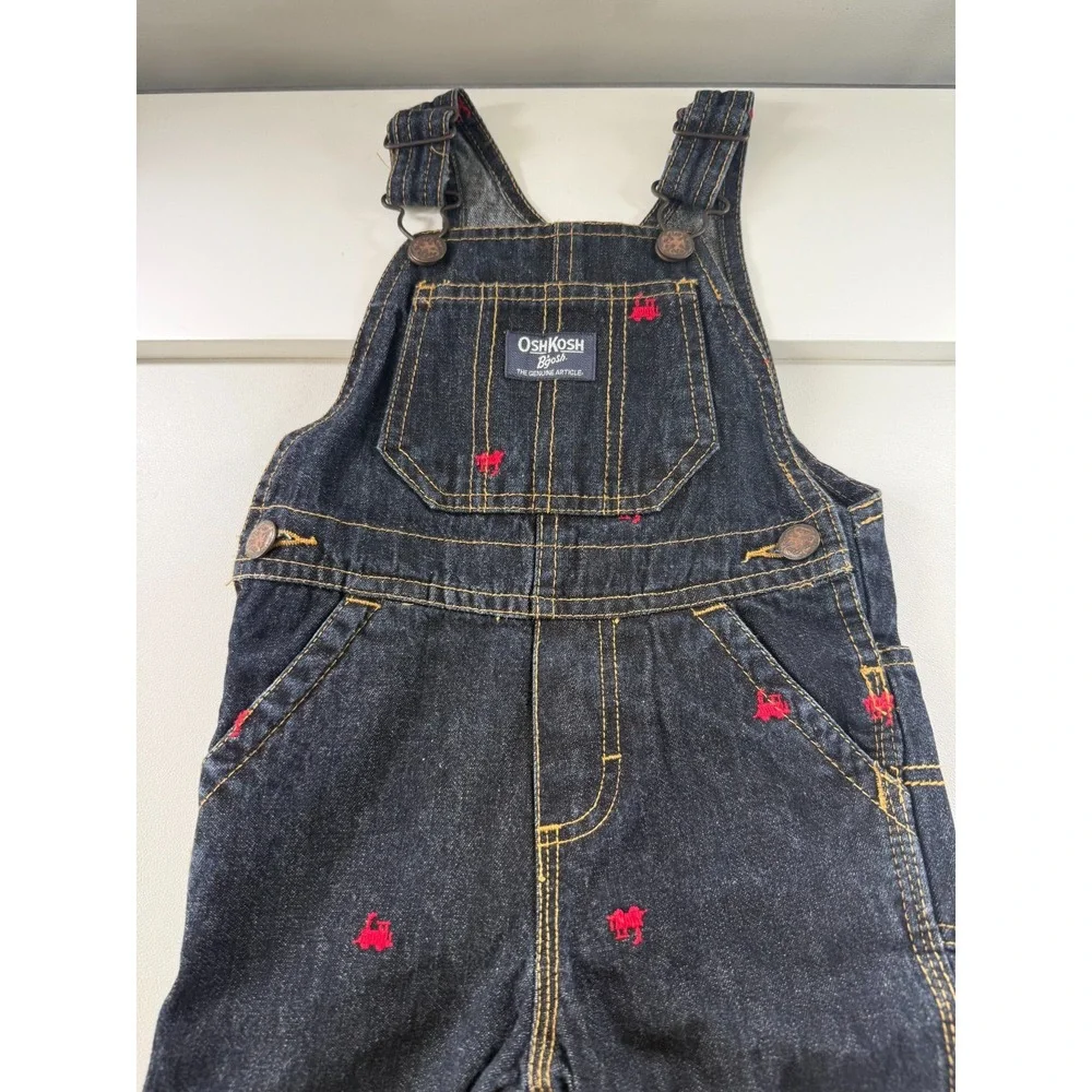 OshKosh‎ B'gosh Kids Denim Vestbak Overalls Red Train Embroidered 18 mos